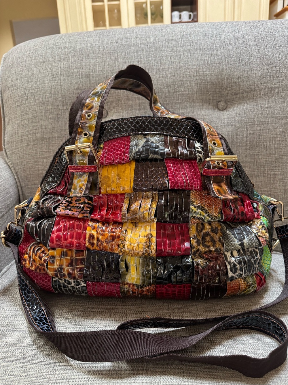 Vintage Boho Patchwork Leather Handbag Multi-Texture Exotic Print Satchel Bag